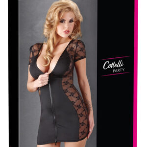 ABITO CORTO NERO IN TESSUTO ELASTICO E PIZZO ZIP FRONTALE - immagine 6