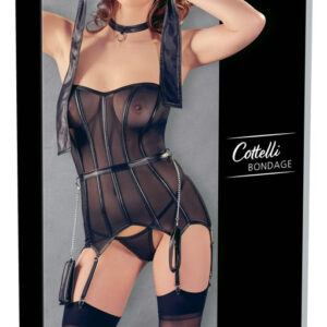 SET FETISH NERO CON CORPETTO TRASPARENTE E ACCESSORI - COTTELLI BONDAGE - immagine 7