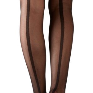 Calze autoreggenti con finitura in pizzo color argento e cucitura decorativa sul retro. - immagine 3