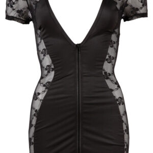 ABITO CORTO NERO IN TESSUTO ELASTICO E PIZZO ZIP FRONTALE - immagine 5