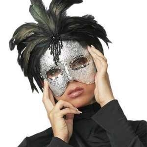 MASCHERA CON DECORAZIONE DI PIUME NERE - immagine 1