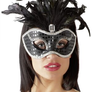 MASCHERA CON PIETRA PREZIOSA PAILLETTES E PIUME "MYSTIQUE" - immagine 1